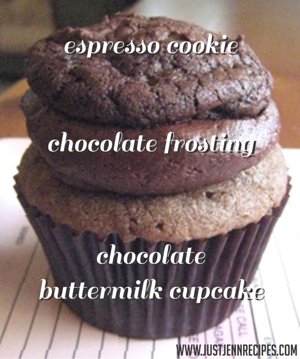 Chocolate Buttermilk Cupcakes Topped with Chocolate Frosting and an Espresso Cookie